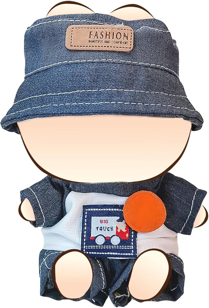 Doll Clothes for 17cm Dolls, Cute Outfit Set with Accessories, Bucket Hat and Overalls (No Doll) (Grey Overalls Set)