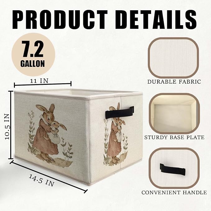 Vintage Bunny Storage Bins Basket, Toybox for Girls Room, Retro Rabbit Mom and Baby Collapsible Fabric Storage Box Organizer for Bedroom Bathroom Clothes Books Toys