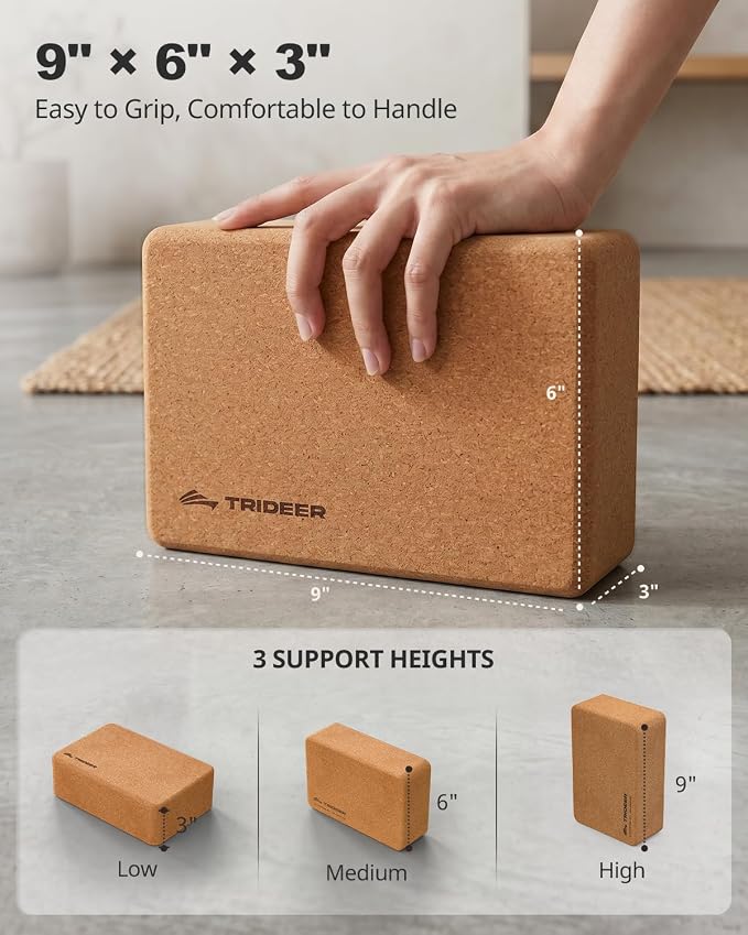 Trideer Cork Yoga Blocks, 2 Pack Yoga Blocks Natural Cork, High Density Yoga Block with Non Slip Surface, Eco-Friendly Yoga Accessories for Women, Ideal for Yoga, Pilates, Stretching