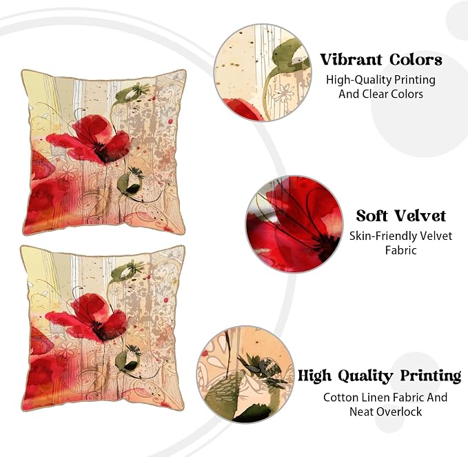 KSLIDS Red Poppy Flower Soft Velvet Throw Pillow Covers Set of 2 Watercolor Art Flower Decorative Pillow Covers 20x20 Inch Retro Beige Pillow Case for Sofa Couch Living Room Farmhouse Home Decor