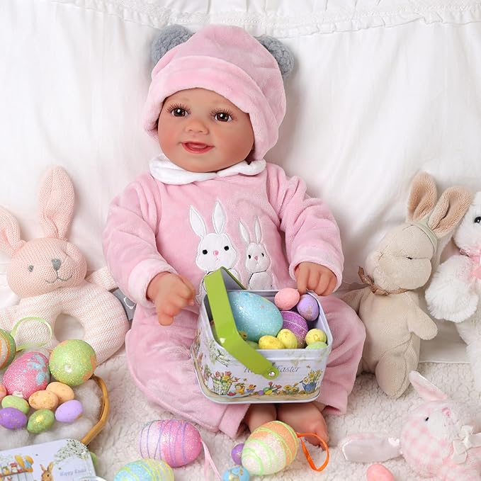 BABESIDE 2 Pcs Reborn Baby Doll Clothes with Hat for 17-22 Inch Babydolls, Cute Bunny Pattern Baby Dolls Outfits Accessories fit Newborn Babydoll Girls, Pink