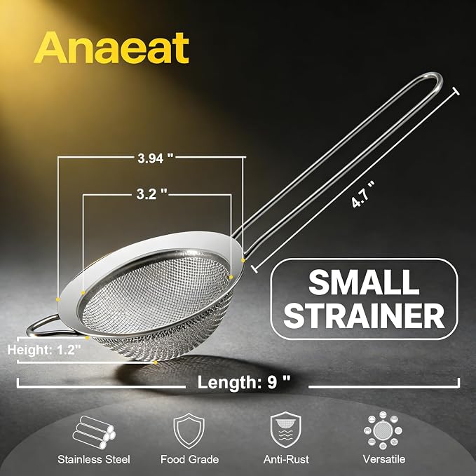 Anaeat Fine Mesh Strainers - Premium Stainless Steel Colander Sieve Sifters, with Durable Mesh and Sturdy Handle, Excellent for Sifting Dry ingredients, Flour, Pastas, Rice, Tea (3.94")