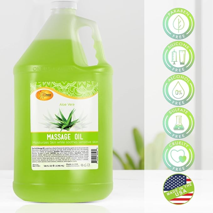 SPA REDI Aloe Vera Professional Massage Oil – 5-Botanical Blend with Almond, Avocado, Sunflower & Vitamin E | Non-Greasy, Fast-Absorbing | Paraben-Free, Cruelty-Free | Made in USA | 128 oz