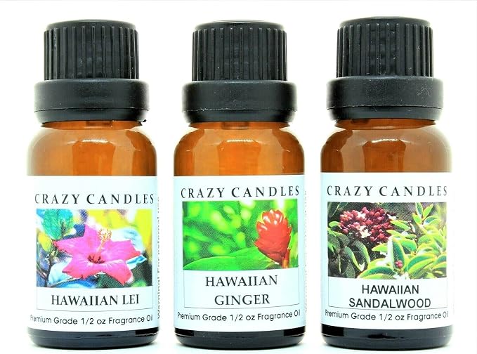 Crazy Candles 3 Bottles Set, 1 Hawaiian Lei, 1 Hawaiian Sandalwood, 1 Hawaiian Ginger 1/2 Fl Oz Each (15ml) Premium Grade Scented Fragrance Oils