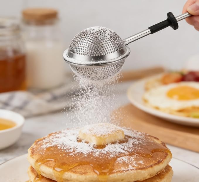 Stainless Steel Tea Strainer for Loose Tea with Silicone Good Grip Long Handle, Fine Mesh Tea Infuser Ball Dusting Wand for Flour n Sugar