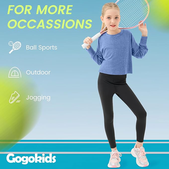 Gogokids Girls Shirts Long Sleeve Athletic Shirts Open Back Tops Active Sports Tshirts Yoga Workout Crop Tees 5-14 Years