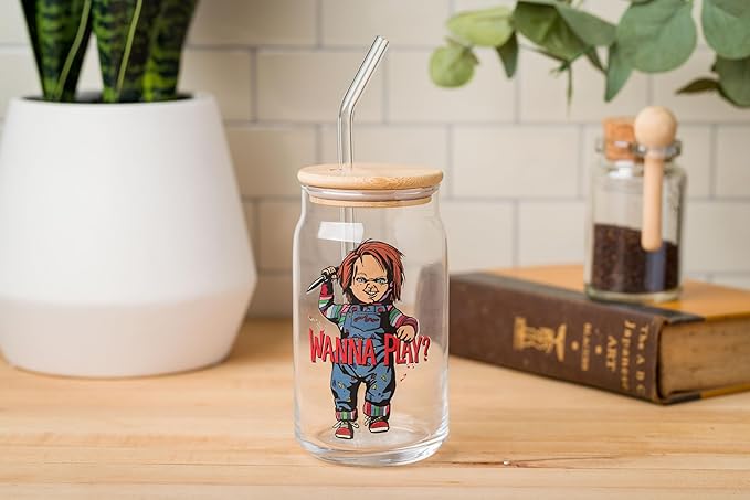 Silver Buffalo Chucky "Wanna Play" Scary Glass Jar Tumbler with Bamboo Lid and Glass Straw, 16 Ounces