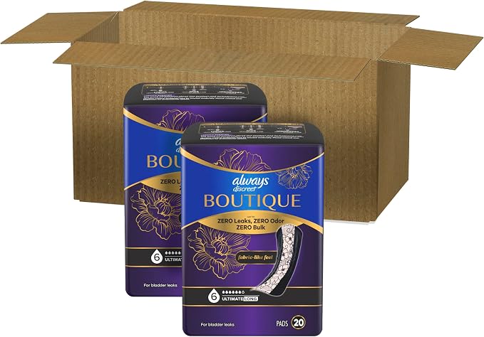 Always Discreet Boutique Incontinence Pads, for Bladder Leaks, Extra Heavy Absorbency, Long Length, 40 Count (2 Packs of 20)