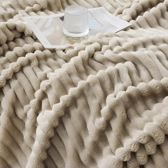Khaki Throw Blanket for Couch Sofa 50x60 inches Striped Design | Fleece Blankets Room Home Decor Lightweight Plush Soft Cozy Gifts for Women Mom