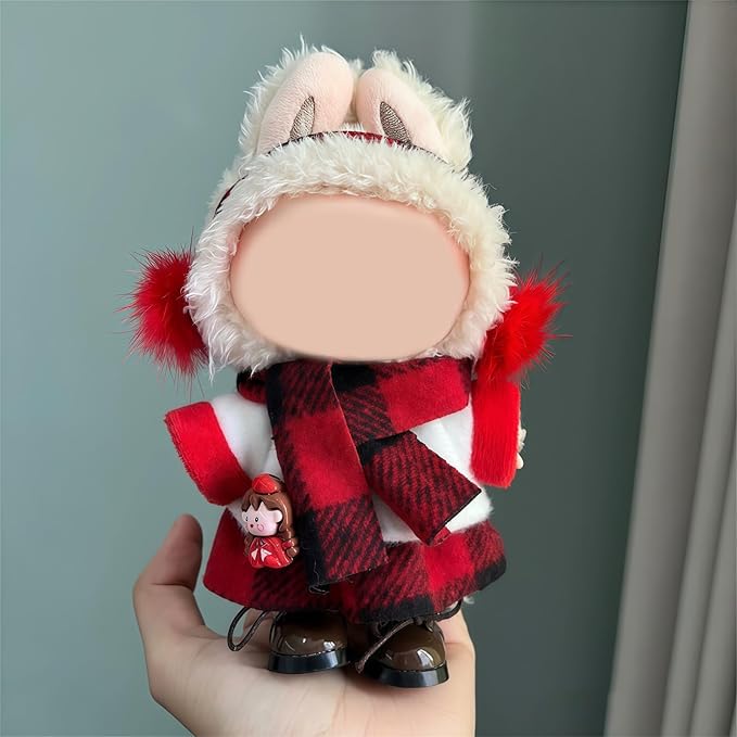 Winter 17cm Doll Clothes(NO Doll), Cute Christmas Red Grid Dolls Outfit Accessories with Headwear+Top+Skirt+Scarf Clothes Set for Dolls Christmas Clothes Set