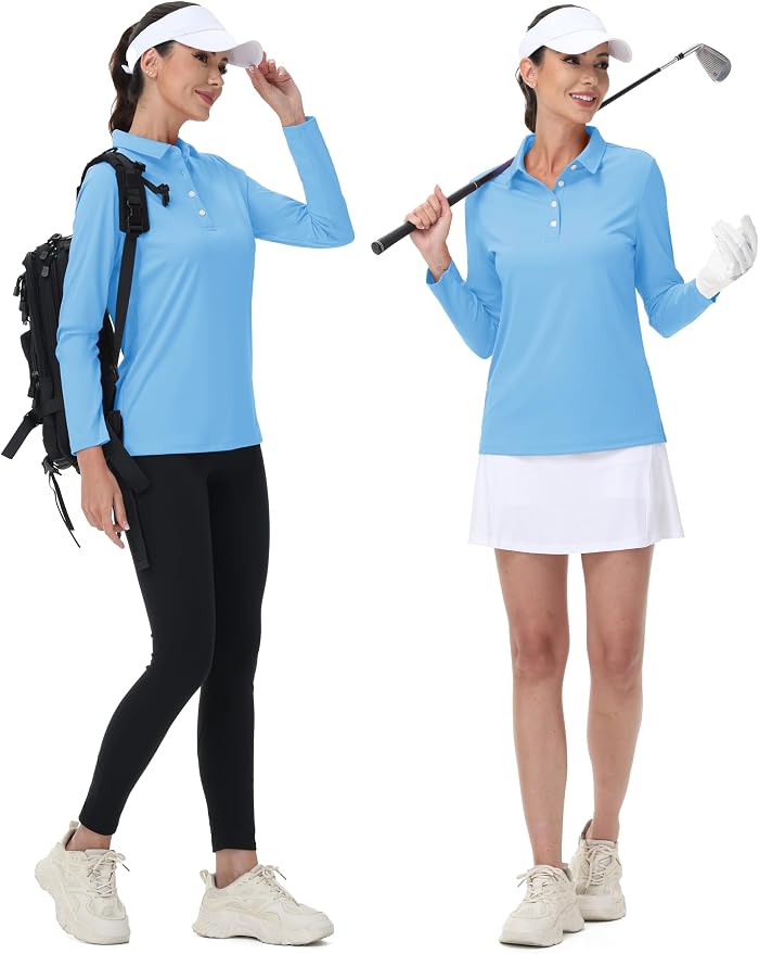 MAGCOMSEN Long Sleeve Polo Shirts for Women Golf Tops with Collar Work | UPF 50+ Sun Protection, 4 Buttons, Moisture Wicking, Breathable, 4-Way Stretch, Collared, Quick Dry, Active, Casual, Tennis
