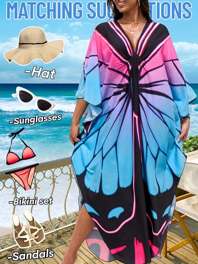 ChiaoLezhee Print Moo-Moos for Women, Kaftan Cover-Up Dresses, Sexy V-Neck High-Slit, Beach Pool-Party Coverups Muumuu Plus