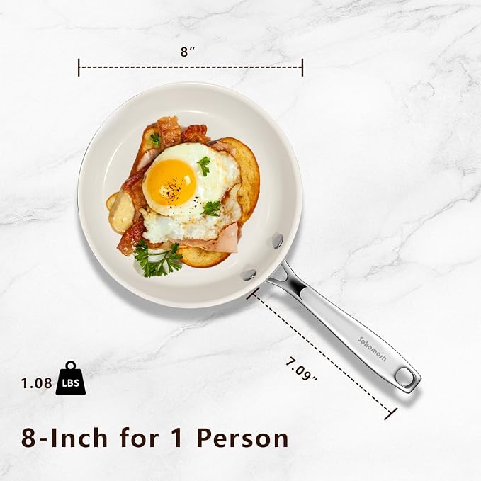 SAKAMOSH 8" Nonstick Ceramic Frying Pan, Small Pan Non Toxic, White | PTFE & PFAS & PFOA Free Ceramic Coating, Dishwasher/Oven Safe, Induction Compatible, suitable for all stovetops