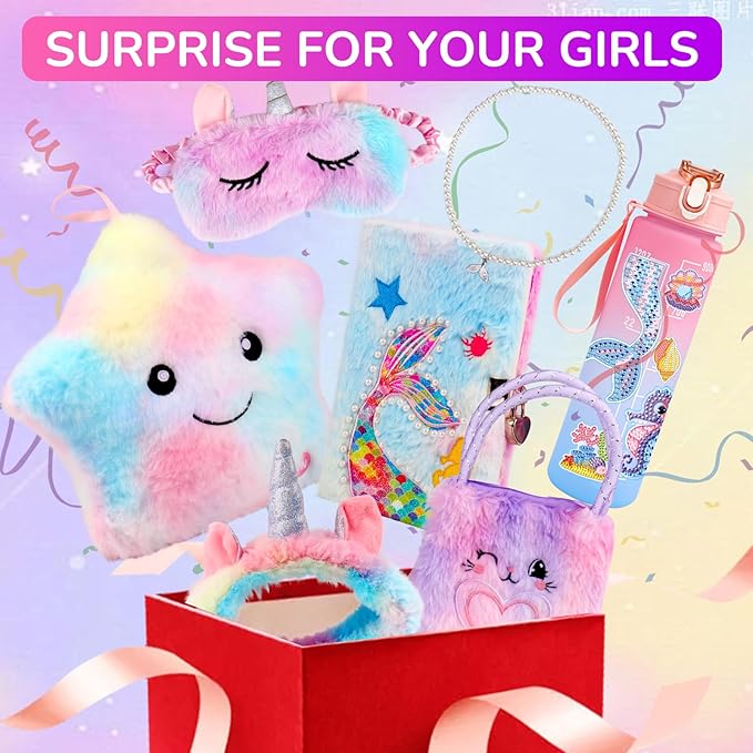 Mermaid Gifts for Girls Age 4-6 6-8, Surprise Toys for Girls Ages 6-7 8-10 with Light Up Star Pillow, Diary, Unicorn Headband & Sleep Mask, Birthday Gifts for 4 5 6 7 8 9 10 Year Old Girl Xmas Gift