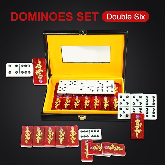 IDTQ Double Six Dominoes, 28 Tile Colored Dots Domino Game Set with Upscale Gift Boxes, Adults and Families for 2-4 Players, Classic Numbers Table Games (Dragon)