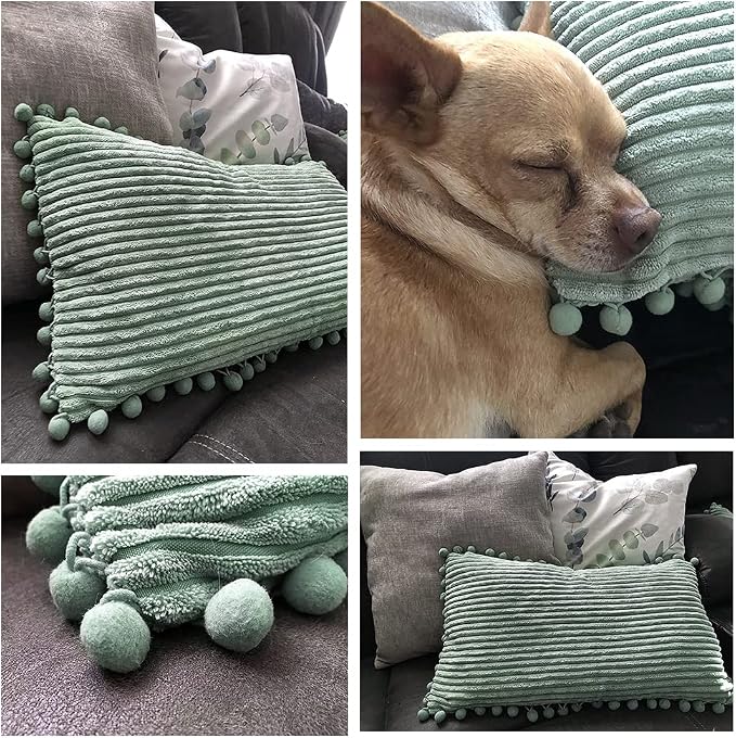 Fancy Homi Pack of 2 Sage Green Decorative Throw Pillow Covers with Pom-poms, Soft Corduroy Solid Square Cushion Cases Set for Couch Sofa Bedroom Car Living Room (18x18 Inch/45x45 cm, Sage Green)