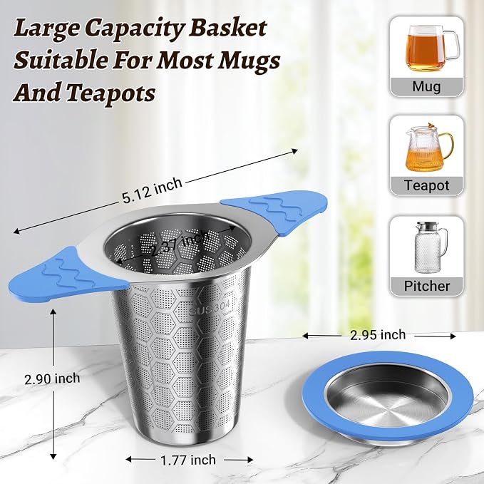 Tea Infuser for Loose Leaf Tea,18/8 Stainless Steel Tea Infuser with Heat Proof Silicone Handles,Extra Fine Mesh Tea Strainers Filter Fine Tea Leaves Effectively,Fits TeaPots/Mugs -Blue