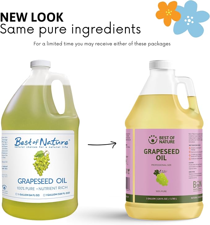 Best of Nature 100% Pure Grapeseed Oil - Unscented, Lightweight, Non-Greasy Moisturizer for Hair, Skin, Face & Aromatherapy, Carrier Oil for Essential Oils, Half Gallon (64 fl oz)