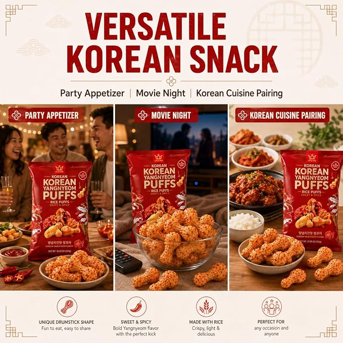 Premium Korean Sweet and Spicy Puffs | Authentic Korean gochujang seasoning crunch perfect for snacking for parties movie nights