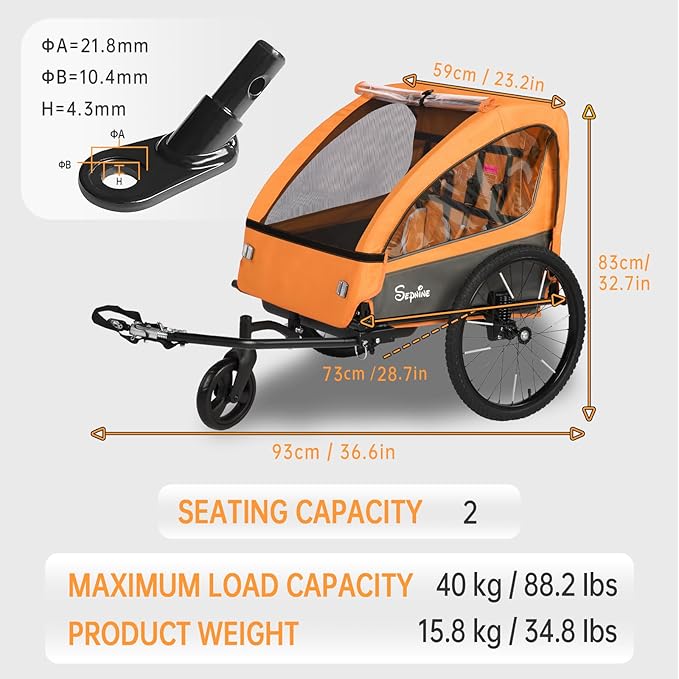 Sepnine 2-in-1 Kids Bike Trailer and Stroller with Suspension – Bike Trailer for 1 to 2 Children, Jogging Function, Foldable, 5-Point Harness, Spacious Storage, with Bug Screen and Weather Shield