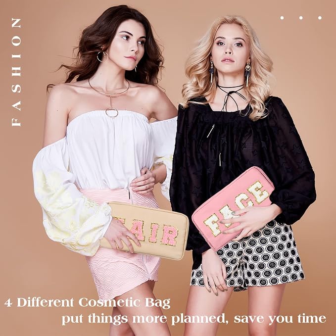 Preppy Makeup Bags Chenille Letter Stuff Bag Nylon Cosmetic Pouch Cases with Zipper for Women Travel Toiletry(Multi Colors,Classic,4 Pcs)