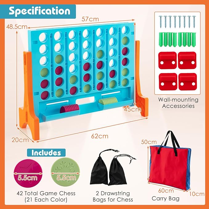 COSTWAY Giant 4 in a Row Game with Storage Carry Bag, Jumbo 4-to-Score Game with Chesses, Quick Release Slider for Kids Adults, Indoor Outdoor Backyard, Free-Standing/Wall-mounting (Red&Orange)