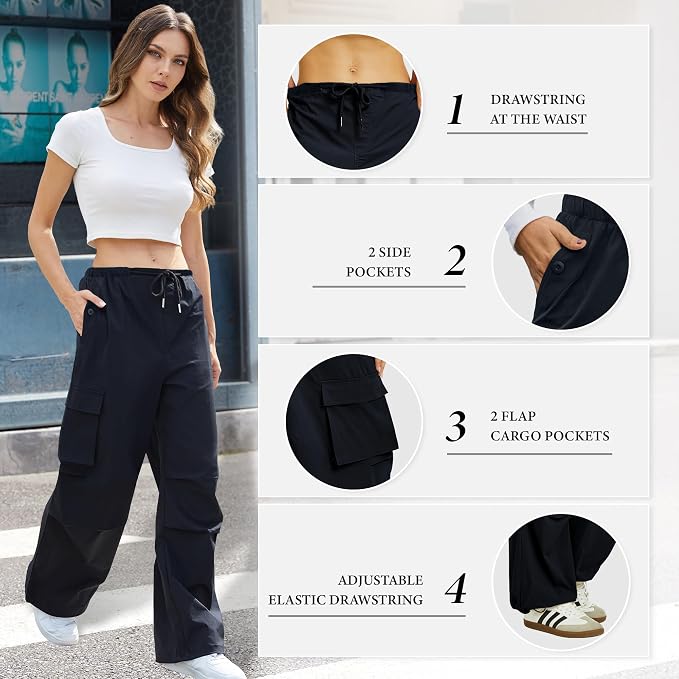 COPYLEAF Cargo Pants Women Low Waisted Parachute Pants with Pockets Loose Baggy Hiking Pants Y2K Clothes