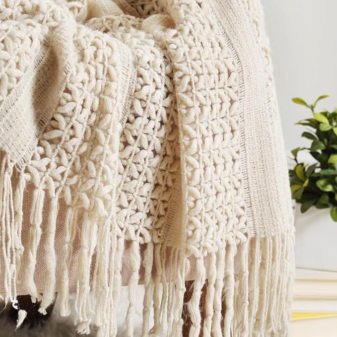 CREVENT Home Decor Farmhouse Couch Sofa Chair Bed Throw Blanket, Soft Warm Cozy Light Weight for Travelling (50''X60'' Beige/Ivory)