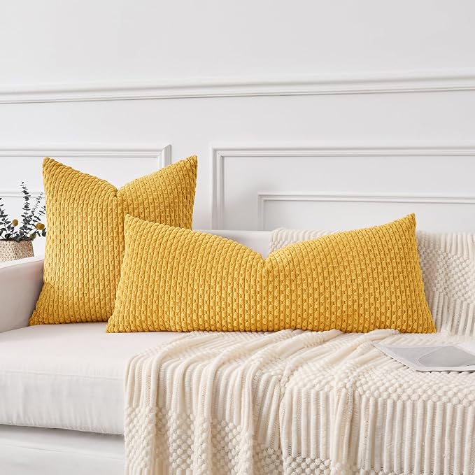 Kevin Textile Soft Corduroy 20"x54" Pillow Cover 1 Pack, Mustard Yellow | Boho Stripe Plush Corduroy Decorative Oblong Cushion Cover Modern Farmhouse Home Decor for Sofa Couch Bed Chair