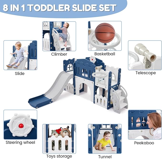 GarveeLife 8-in-1 Toddler Indoor Playground with Slide: Baby Slide Playset for Toddlers Ages 1-3 Outdoor Play, Kids Slide Includes Basketball Hoop, Climber, Crawling Tunnel, Telescope, Toy Storage