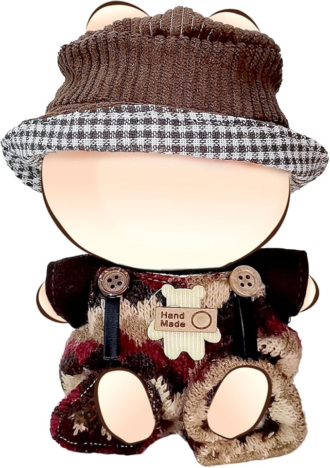 Clothes for 17cm Dolls, Overalls Outfit Set with Accessories, Cute Plush Doll Bucket Hat with Love Heart Design (NO Doll) Brown