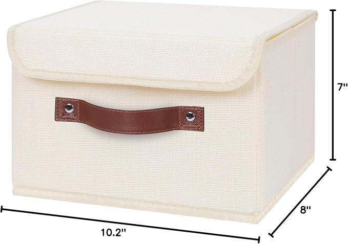 ANMINY Fabric Storage Box Bins with Lids, Beige, 10"x8"x7", 4 Pack | Keepsake Memory Storage, Cotton Linen, PP Board Reinforced, Washable, PU Handles, Foldable & Stackable, Decorative, Small