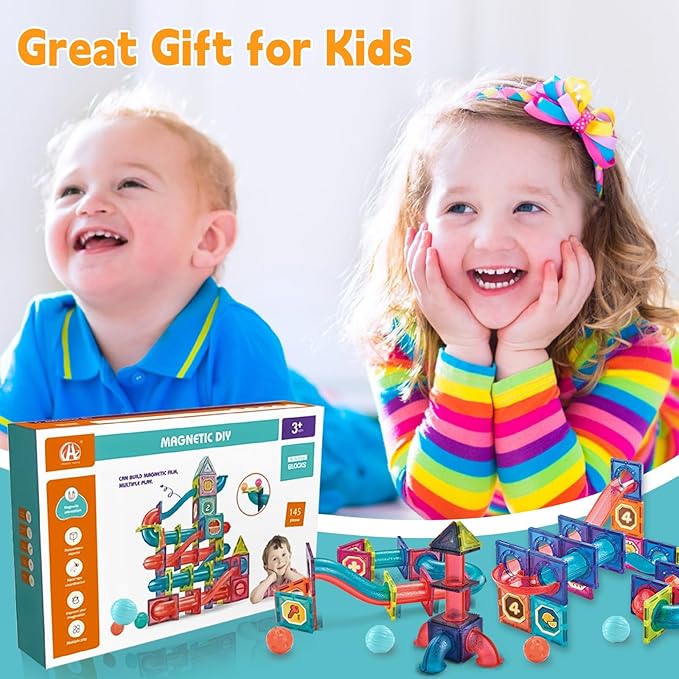 Magnetic Tiles, Funnydin 145PCS Magnetic Tiles Marble Run, Magnetic Building Blocks Set for Kids Ages 3+, Magnet Marble Race Track Toys, STEM Educational Toys Gifts for Boys Girls 5 6 7 8 9+ Years Old