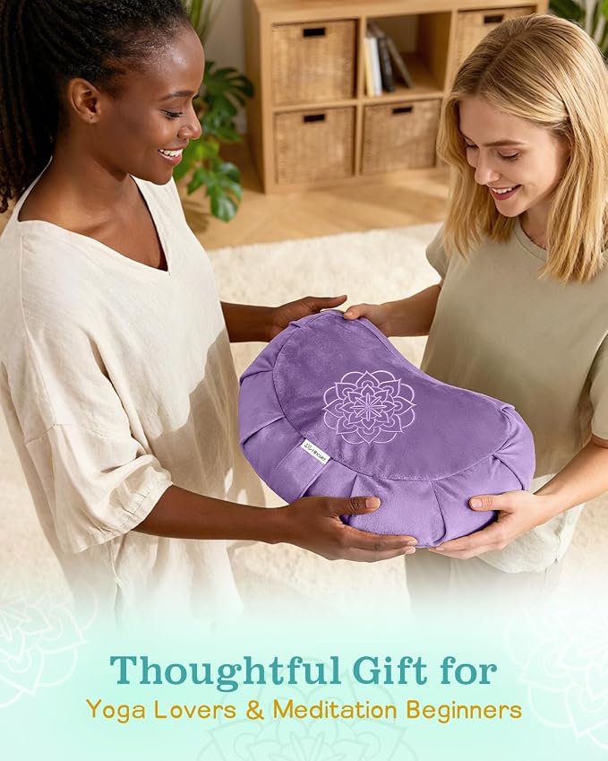 Hihealer Premium Crescent Meditation Cushion, Ergonomic Buckwheat Hull Floor Pillow for Adults, Comfortable Yoga Bolster for Meditation & Floor Sitting (Purple)