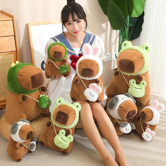 Ditucu Capybara Plush with Frog Hat & Mini Bag 9.8 inch Cute Capibara Stuffed Animal Soft Plushies Toys Gifts for Kids Adults Brown