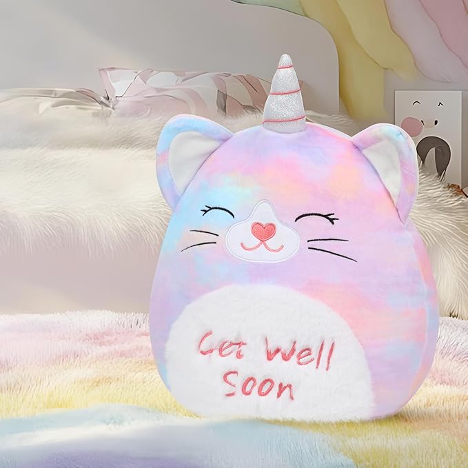 Easfan 13'' Get Well Soon Unicorn Cat Plush Pillow Soft Cute Stuffed Animal with Silver Horn Feel Better Gifts for Kids Patient Feel Better for Women