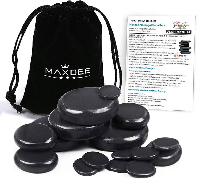 Maxdee Massage Stones Essential Hot Stones for Massage, 6 Large Hot Stones Massage Kit Hot Rocks Massage Stones for Professional or Home Spa, Foot Heater, Relaxing, Healing, Pain Relief, 3.14"