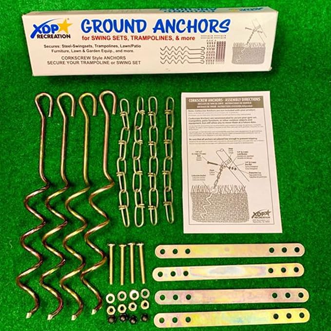 Metal Ground Anchor Kit - 4pcs Auger-Style 12 3/4" ea. All Hardware Included. Easy Assembly, Strong and Durable. for Backyard Swing Sets, Trampolines, Yard Furniture, by XDP Recreation a USA Company