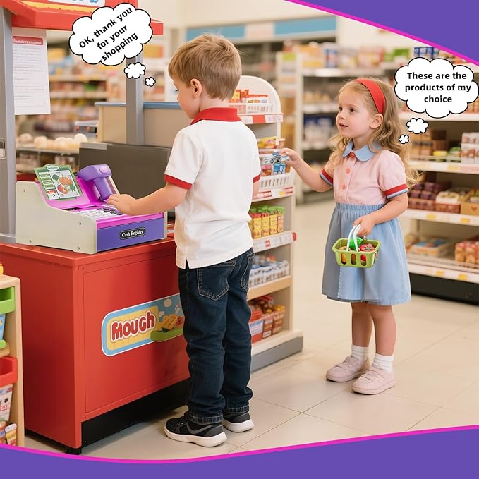 HYES Cash Registers for Kids, Rechargeable Pretend Play Toys Supermarket & Fast Food Restaurant, Cashier Toy with Play Money, Pretend Food, Birthday Gifts for Kids Boy & Girl Age 4-8, Pink