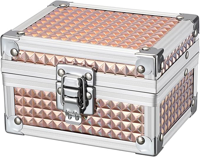 Hipiwe 2-Layer Jewelry Box with Mirror & Tray Aluminum Trinket Organizer | Hair Accessories Holder, Jewelry Storage Box for Necklace Earrings Rings Gift for Women, Rose Gold 4.7"x 3.7"x 3.1"