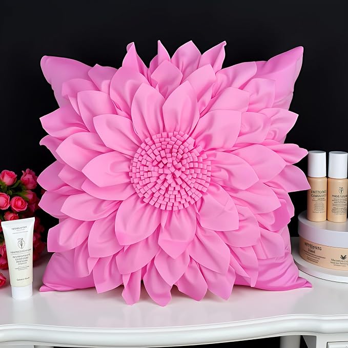 Hot Pink Accent 3D Flower Decorative Throw Pillow Covers for Bed Sofa Couch | Bella's Giftshop Handmade Sunflower Taffeta Pillow Cases Living Room Bedroom Decor, 18x18 Inch