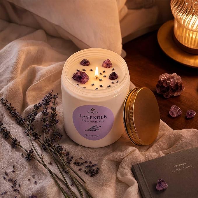 Meditation Candle Gift, 9 oz Lavender Crystal Candle, Gold Lid | White jar with gold lid, lavender soy candle, amethyst crystals, 9 oz, 40 hour burn, self care gift