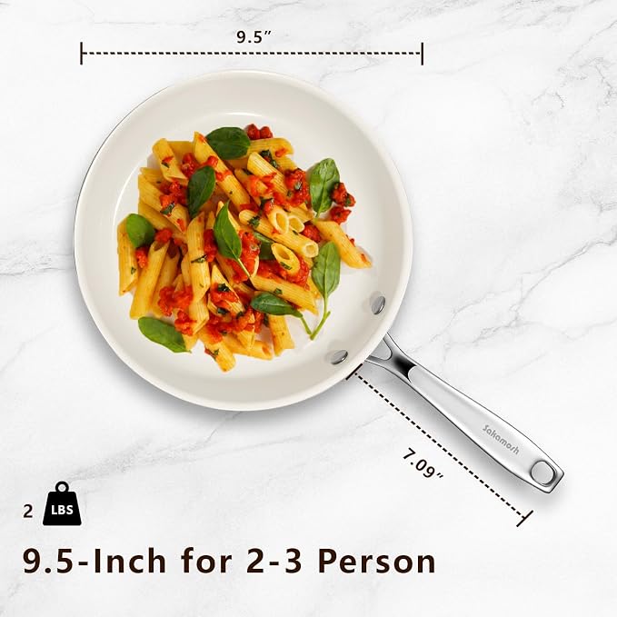 SAKAMOSH 9.5" Nonstick Ceramic Frying Pan, Tri-Ply Stainless Steel, White | Non Toxic, PFAS PFOA PTFE Free, Stay-Cool Handle, Dishwasher & Oven Safe, Induction Compatible