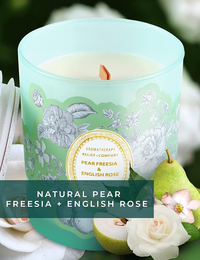 Pear Freesia English Rose Candle | 10.6oz Wood Wick Soy Scented Candle for Home | Relaxing Floral Garden Aromatherapy Candle | Long Lasting Clean Burn | Housewarming Gift for Women & Men