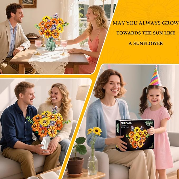 Flowers Sunflower Bouquet Building Set with Lights - 17 Flowers Botanical Collection Artificial Plant Sunflower Building Blocks Art Home Decor Surprise Gifts for Adults Women Girls (1011PCS)