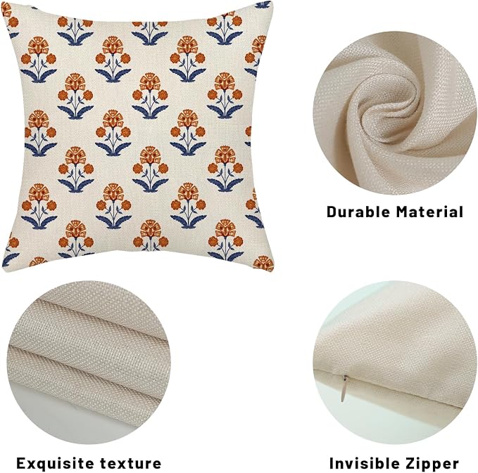 Orange Navy Blue Floral Pillow Covers 18x18 Set of 2, Vintage Block Print Flower Decorative Throw Pillows Modern Rustic Cushion Covers for Sofa Couch Bed Living Room Home Decor for Couch Sofa