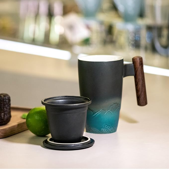 suyika Ceramic Tea Cup with Infuser and Lid Tea Mugs Wooden Handle 400ml/13.5oz Dark Green