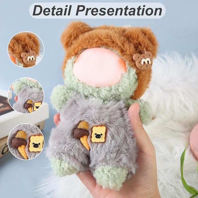 17cm Doll Clothes Set (No Doll) – Outfit with Hat & Overalls, Handmade Accessories for Mini Dolls, OB11-Compatible Dress-Up Gift (Bear)
