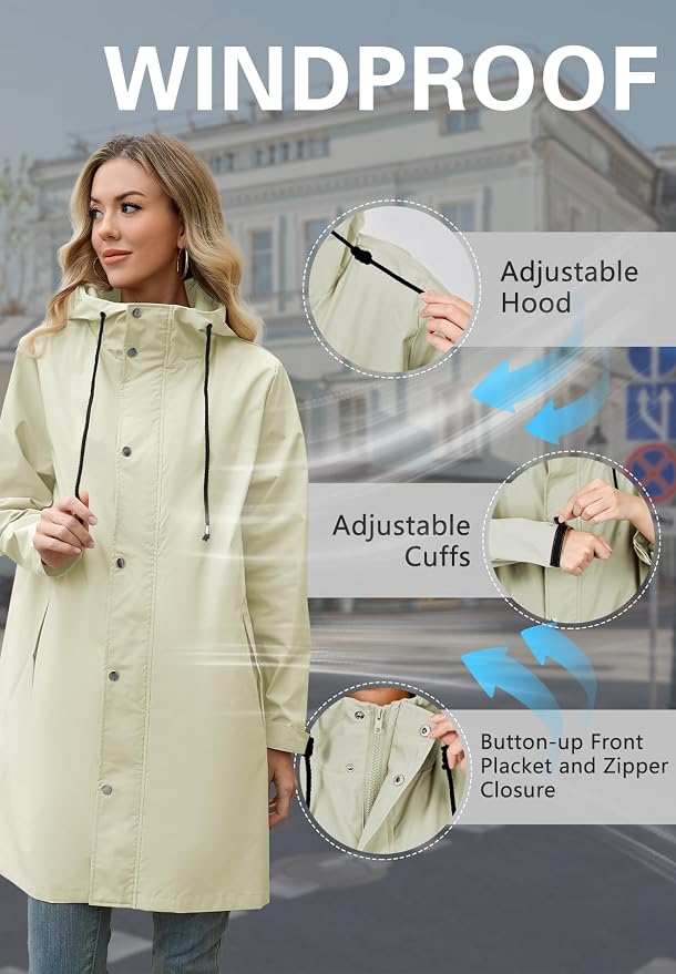 Zando Long Packable Rain Jacket Women Waterproof Raincoat with Hood | Relaxed-Fit Lightweight Windbreaker for Women; Travel Rain Coats for Commute, Hiking, Cruise, and Daily wear