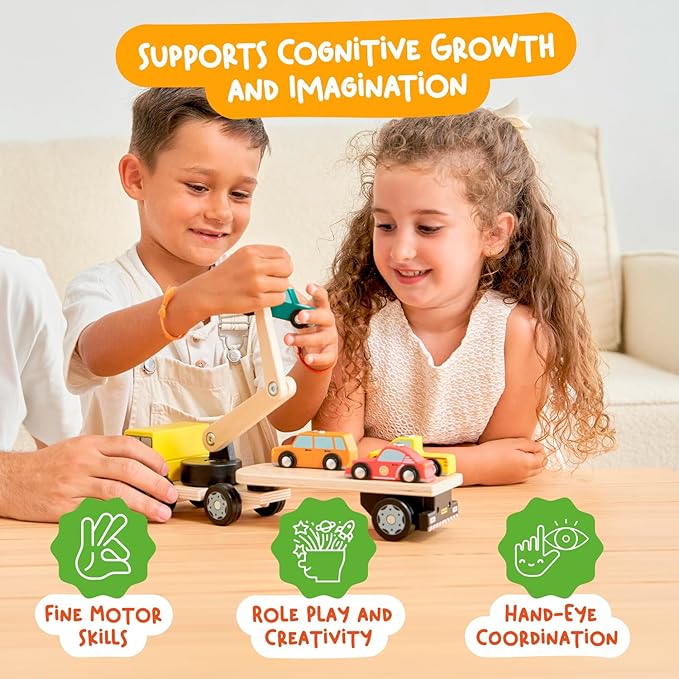 Nene Toys Magnetic Car Loader with 4 Cars and 1 Semi-Trailer Wooden Truck for Kids 3+ Year Old - Interactive Crane Wooden Toy - Vehicle Toys for Boys Girls - Educational Toy for Toddlers Ages 3+